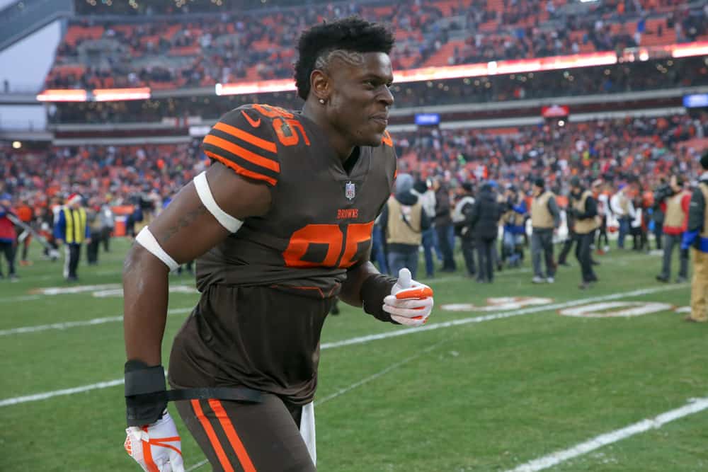 Cleveland Browns tight end David Njoku (85) on the field following the National Football League game between the Cincinnati Bengals and Cleveland Browns on December 23, 2018, at FirstEnergy Stadium in Cleveland, OH.