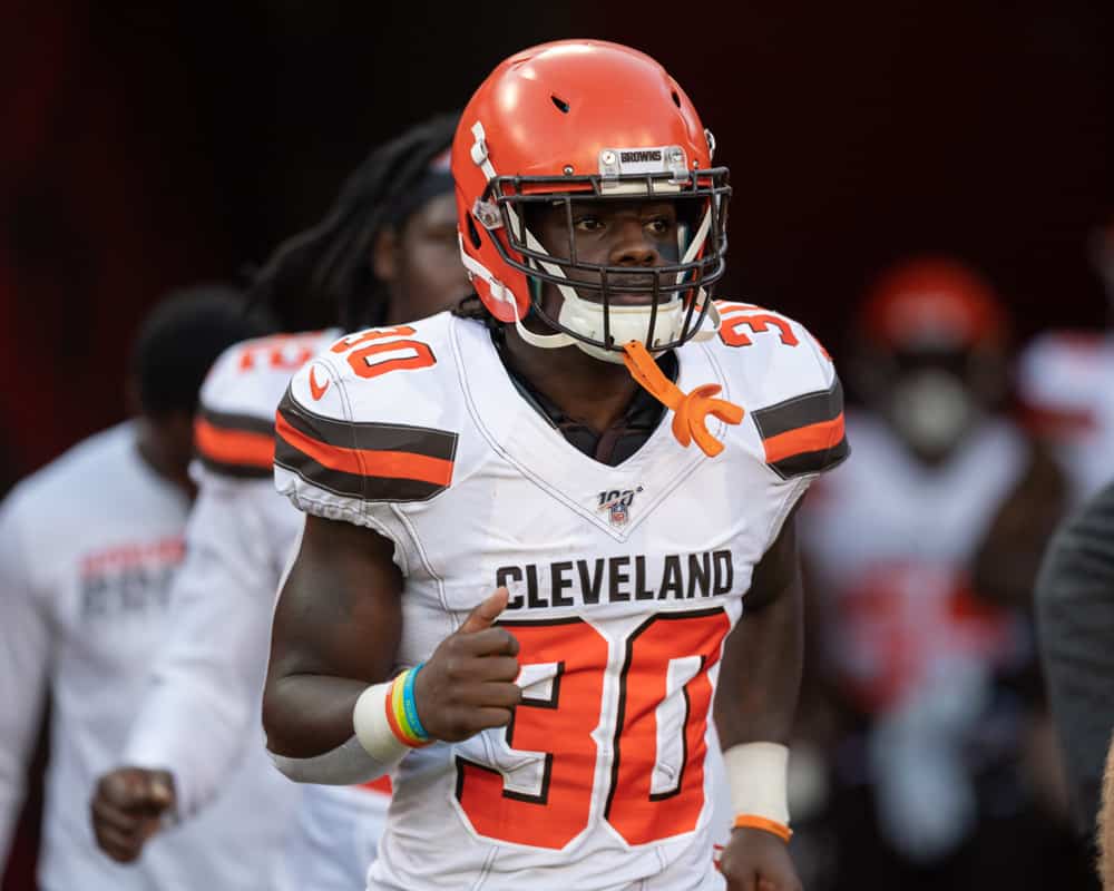 Cleveland Browns running back D'Ernest Johnson (30) enters the field prior to the first half of an NFL preseason game between the Cleveland Browns and the Tampa Bay Bucs on August 23, 2019, at Raymond James Stadium in Tampa, FL. 