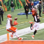 Cleveland Browns wide receiver Donovan Peoples-Jones (11) catches what would be a game winning touchdown pass with 11 seconds left in the 4th quarter during the game against the Cleveland Browns and the Cincinnati Bengals on October 25, 2020, at Paul Brown Stadium in Cincinnati, OH.