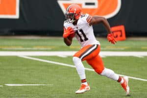 Cleveland Browns wide receiver Donovan Peoples-Jones (11) carries the ball during the game against the Cleveland Browns and the Cincinnati Bengals on October 25, 2020, at Paul Brown Stadium in Cincinnati, OH.