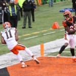 Cleveland Browns wide receiver Donovan Peoples-Jones (11) catches what would be a game winning touchdown pass with 11 seconds left in the 4th quarter during the game against the Cleveland Browns and the Cincinnati Bengals on October 25, 2020, at Paul Brown Stadium in Cincinnati, OH.