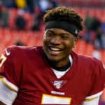 Washington Redskins Quarterback Dwayne Haskins (7) laughs with teammates following the game between the New York Giants and the Washington Redskins on December 22, 2019 at FedExField in Landover, Maryland.