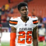 Cleveland Browns cornerback Greedy Williams (26) leaves the field following the National Football League preseason game between the Washington Redskins and Cleveland Browns on August 8, 2019, at FirstEnergy Stadium in Cleveland, OH.