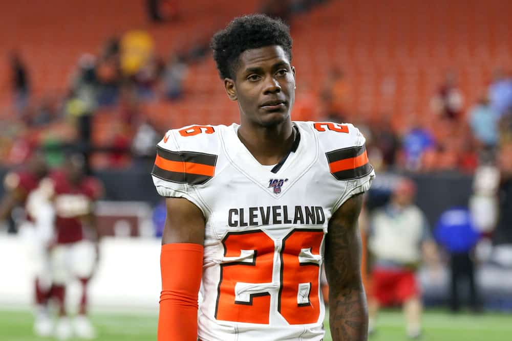 Cleveland Browns cornerback Greedy Williams (26) leaves the field following the National Football League preseason game between the Washington Redskins and Cleveland Browns on August 8, 2019, at FirstEnergy Stadium in Cleveland, OH.