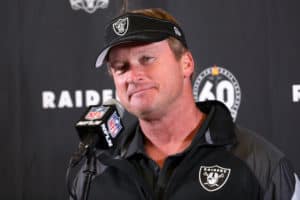 Oakland Raiders Head Coach Jon Gruden talks to media at post game press conference of an NFL game between the Oakland Raiders and the Los Angeles Chargers on December 22, 2019, at Dignity Health Sports Park in Los Angeles, CA.