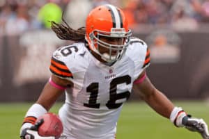 Cleveland Browns kick returner Joshua Cribbs (16) returns a kick during the second half against the Tennessee Titans. The Tennessee Titans defeated the Cleveland Browns 31-13 at Cleveland Browns Stadium in Cleveland, Ohio