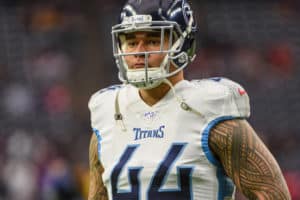 Tennessee Titans outside linebacker Kamalei Correa (44) warms up before the football game between the Tennessee Titans and Houston Texans at NRG Stadium on December 29, 2019 in Houston, TX.