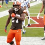 Cleveland Browns Running Back Kareem Hunt (27) celebrates his touchdown in game action during a NFL game between the Indianapolis Colts and the Cleveland Browns on October11, 2020 at FirstEnergy Stadium in Cleveland, OH.