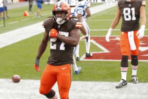 Cleveland Browns Running Back Kareem Hunt (27) celebrates his touchdown in game action during a NFL game between the Indianapolis Colts and the Cleveland Browns on October11, 2020 at FirstEnergy Stadium in Cleveland, OH.