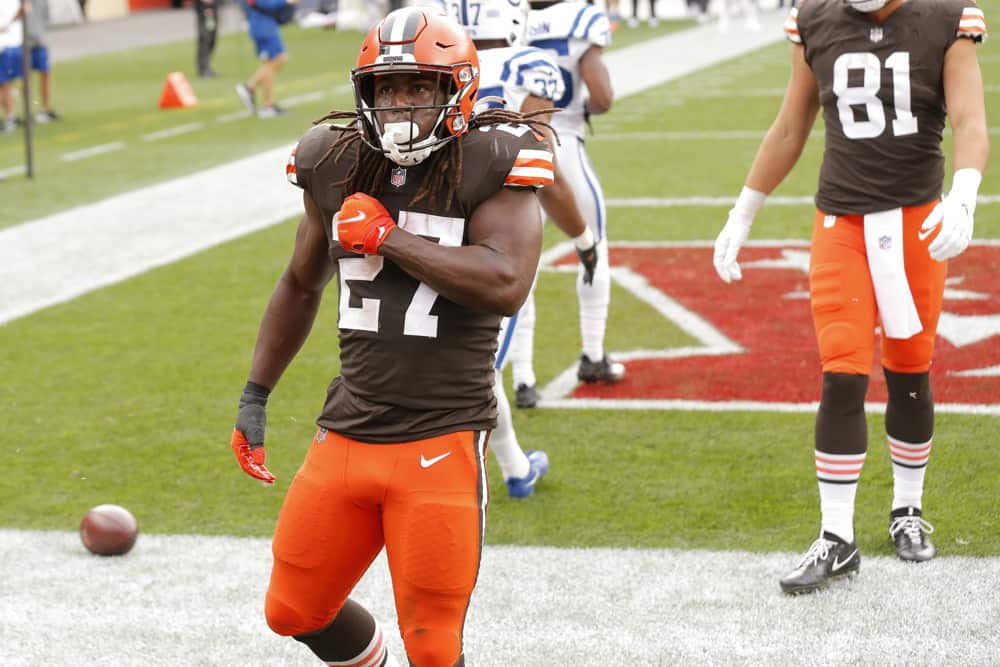 Cleveland Browns Running Back Kareem Hunt (27) celebrates his touchdown in game action during a NFL game between the Indianapolis Colts and the Cleveland Browns on October11, 2020 at FirstEnergy Stadium in Cleveland, OH. 