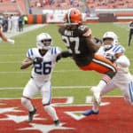 Cleveland Browns Running Back Kareem Hunt (27) makes the catch for a touchdown while being defended by Indianapolis Colts Cornerback Rock Ya-Sin (26) and Indianapolis Colts Safety Khari Willis (37) in game action during a NFL game between the Indianapolis Colts and the Cleveland Browns on October11, 2020 at FirstEnergy Stadium in Cleveland, OH.