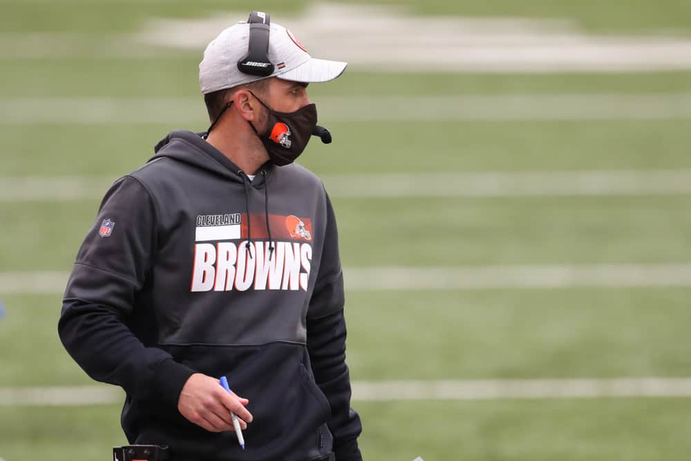 Cleveland Browns head coach Kevin Stefanski watches from the sideline during the game against the Cleveland Browns and the Cincinnati Bengals on October 25, 2020, at Paul Brown Stadium in Cincinnati, OH. 