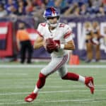 New York Giants quarterback Kyle Lauletta (17) scrambles from the pocket during a game between the New England Patriots and the New York Giants on August 29, 2019, at Gillette Stadium in Foxborough, Massachusetts.