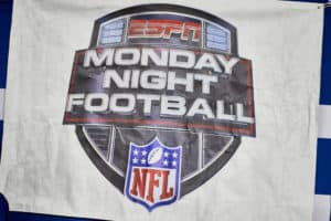 INDIANAPOLIS, IN - AUGUST 20: A detailed view of an ESPN Monday Night Football banner is seen hung on the field in game action during the preseason NFL game between the Indianapolis Colts and the Baltimore Ravens on August 20, 2018 at Lucas Oil Stadium in Indianapolis, Indiana.