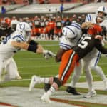 Cleveland Browns Defensive End Myles Garrett (95) hits Indianapolis Colts Quarterback Philip Rivers (17) in the end zone resulting in a safety in game action during a NFL game between the Indianapolis Colts and the Cleveland Browns on October11, 2020 at FirstEnergy Stadium in Cleveland, OH.