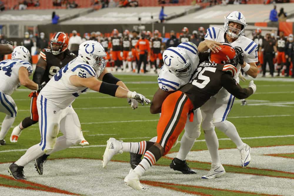 Cleveland Browns Defensive End Myles Garrett (95) hits Indianapolis Colts Quarterback Philip Rivers (17) in the end zone resulting in a safety in game action during a NFL game between the Indianapolis Colts and the Cleveland Browns on October11, 2020 at FirstEnergy Stadium in Cleveland, OH.