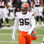 Cleveland Browns defensive end Myles Garrett (95) looks at the scoreboard during the game against the Cleveland Browns and the Cincinnati Bengals on October 25, 2020, at Paul Brown Stadium in Cincinnati, OH.