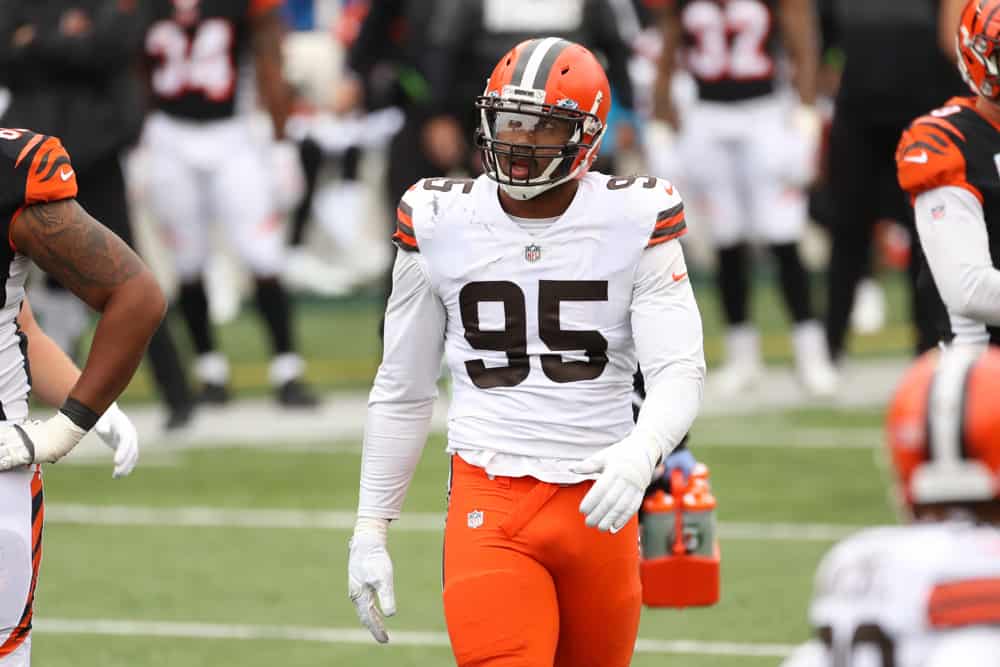 Cleveland Browns defensive end Myles Garrett (95) looks at the scoreboard during the game against the Cleveland Browns and the Cincinnati Bengals on October 25, 2020, at Paul Brown Stadium in Cincinnati, OH. 