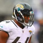 Jacksonville Jaguars linebacker Myles Jack (44) prior to the National Football League game between the New York Giants and the Jacksonville Jaguars on September 9, 2018 at MetLife Stadium in East Rutherford, NJ.