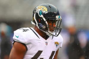 Jacksonville Jaguars linebacker Myles Jack (44) prior to the National Football League game between the New York Giants and the Jacksonville Jaguars on September 9, 2018 at MetLife Stadium in East Rutherford, NJ.