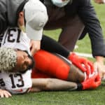 Cleveland Browns wide receiver Odell Beckham Jr. (13) injures his leg during the game against the Cleveland Browns and the Cincinnati Bengals on October 25, 2020, at Paul Brown Stadium in Cincinnati, OH.