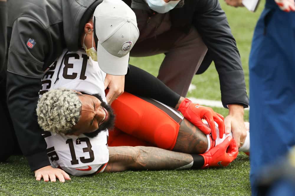 Cleveland Browns wide receiver Odell Beckham Jr. (13) injures his leg during the game against the Cleveland Browns and the Cincinnati Bengals on October 25, 2020, at Paul Brown Stadium in Cincinnati, OH.