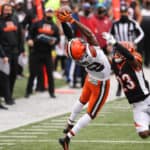 Cleveland Browns wide receiver Rashard Higgins (82) makes a catch late in the 4th quarter during the game against the Cleveland Browns and the Cincinnati Bengals on October 25, 2020, at Paul Brown Stadium in Cincinnati, OH.