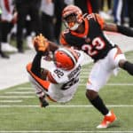 Cleveland Browns wide receiver Rashard Higgins (82) makes a catch late in the 4th quarter during the game against the Cleveland Browns and the Cincinnati Bengals on October 25, 2020, at Paul Brown Stadium in Cincinnati, OH.