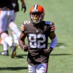 Cleveland Browns wide receiver Rashard Higgins (82) participates in drills during the Cleveland Browns Training Camp on August 30, 2020, at FirstEnergy Stadium in Cleveland, OH.