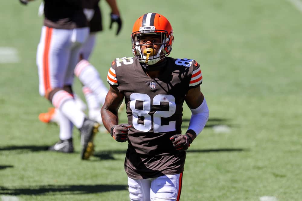 Cleveland Browns wide receiver Rashard Higgins (82) participates in drills during the Cleveland Browns Training Camp on August 30, 2020, at FirstEnergy Stadium in Cleveland, OH.