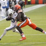 Indianapolis Colts Wide Receiver T.Y. Hilton (13) is taken down by Cleveland Browns Safety Ronnie Harrison (33) in game action during a NFL game between the Indianapolis Colts and the Cleveland Browns on October11, 2020 at FirstEnergy Stadium in Cleveland, OH.