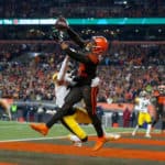 Pittsburgh Steelers cornerback Joe Haden (23) is called for pass interference in the end zone against Cleveland Browns wide receiver KhaDarel Hodge (12) during the second quarter of the National Football League game between the Pittsburgh Steelers and Cleveland Browns on November 14, 2019, at FirstEnergy Stadium in Cleveland, OH.