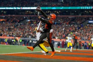 Pittsburgh Steelers cornerback Joe Haden (23) is called for pass interference in the end zone against Cleveland Browns wide receiver KhaDarel Hodge (12) during the second quarter of the National Football League game between the Pittsburgh Steelers and Cleveland Browns on November 14, 2019, at FirstEnergy Stadium in Cleveland, OH.