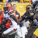 Cleveland Browns cornerback Terrance Mitchell (39) runs with the ball after his interception during the NFL football game between Cleveland Browns and the Pittsburgh Steelers on December 1, 2019 at Heinz Field in Pittsburgh, PA.