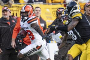 Cleveland Browns cornerback Terrance Mitchell (39) runs with the ball after his interception during the NFL football game between Cleveland Browns and the Pittsburgh Steelers on December 1, 2019 at Heinz Field in Pittsburgh, PA.