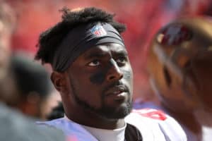 San Francisco 49ers linebacker Elijah Lee (47) in the fourth quarter of a week 3 NFL game between the San Francisco 49ers and Kansas City Chiefs on September 23, 2018 at Arrowhead Stadium in Kansas City, MO. The Chiefs won 38-27.