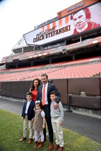 Kevin Stefanski poses for a picture with his wife Michelle and children Will, Gabe and Juliet after being introduced as the Cleveland Browns new head coach on January 14, 2020 in Cleveland, Ohio.