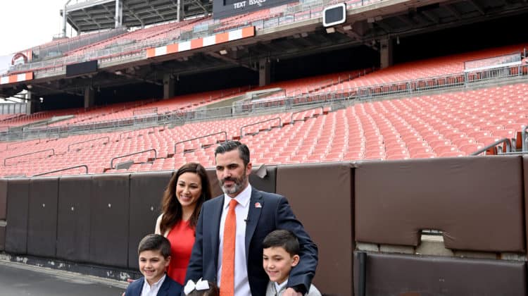 Kevin Stefanski poses for a picture with his wife Michelle and children Will, Gabe and Juliet after being introduced as the Cleveland Browns new head coach on January 14, 2020 in Cleveland, Ohio.