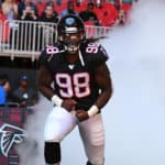 Atlanta Falcons Defensive End Takkarist McKinley (98) sprints onto the field before the NFL game between the Seattle Seahawks and the Atlanta Falcons on October 27, 2019, at Mercedes-Benz Stadium in Atlanta, GA.