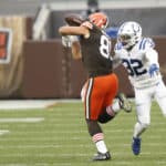 Cleveland Browns Tight End Austin Hooper (81) makes the catch for a first down while being defended by Indianapolis Colts Safety Julian Blackmon (32) in game action during a NFL game between the Indianapolis Colts and the Cleveland Browns on October11, 2020 at FirstEnergy Stadium in Cleveland, OH.