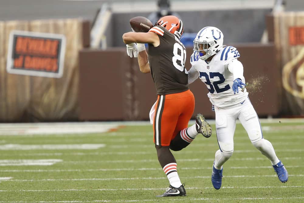 Cleveland Browns Tight End Austin Hooper (81) makes the catch for a first down while being defended by Indianapolis Colts Safety Julian Blackmon (32) in game action during a NFL game between the Indianapolis Colts and the Cleveland Browns on October11, 2020 at FirstEnergy Stadium in Cleveland, OH.