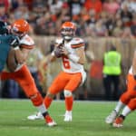 Cleveland Browns quarterback Baker Mayfield (6) looks to pass during the first quarter of the National Football League preseason game between the Philadelphia Eagles and Cleveland Browns on August 23, 2018, at FirstEnergy Stadium in Cleveland, OH. Cleveland defeated Philadelphia 5-0.
