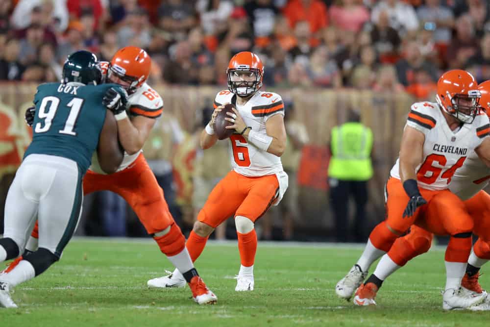 Cleveland Browns quarterback Baker Mayfield (6) looks to pass during the first quarter of the National Football League preseason game between the Philadelphia Eagles and Cleveland Browns on August 23, 2018, at FirstEnergy Stadium in Cleveland, OH. Cleveland defeated Philadelphia 5-0.