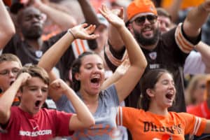 Cleveland Browns fans in the stands during the fourth quarter of the National Football League game between the Baltimore Ravens and Cleveland Browns at FirstEnergy Stadium in Cleveland, OH. Baltimore defeated Cleveland 25-20.