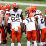 Cleveland Browns quarterback Baker Mayfield (6) huddles with his teammates during the game against the Cleveland Browns and the Cincinnati Bengals on October 25, 2020, at Paul Brown Stadium in Cincinnati, OH.