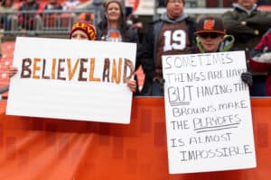 Cleveland Browns fans in the stands prior to the National Football League game between the San Diego Chargers and Cleveland Browns on December 24, 2016, at FirstEnergy Stadium in Cleveland, OH.