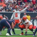 Cleveland Browns quarterback Baker Mayfield (6) signals to a Browns receiver during the football game between the Cleveland Browns and Houston Texans on December 2, 2018 at NRG Stadium in Houston, Texas.