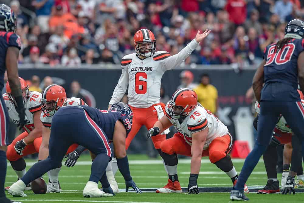 Cleveland Browns quarterback Baker Mayfield (6) signals to a Browns receiver during the football game between the Cleveland Browns and Houston Texans on December 2, 2018 at NRG Stadium in Houston, Texas.