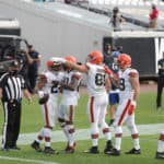 Cleveland Browns Running Back Nick Chubb (24) celebrates a touchdown with teammates during the game between the Cleveland Browns and the Jacksonville Jaguars on November 29, 2020 at TIAA Bank Field in Jacksonville, Fl.