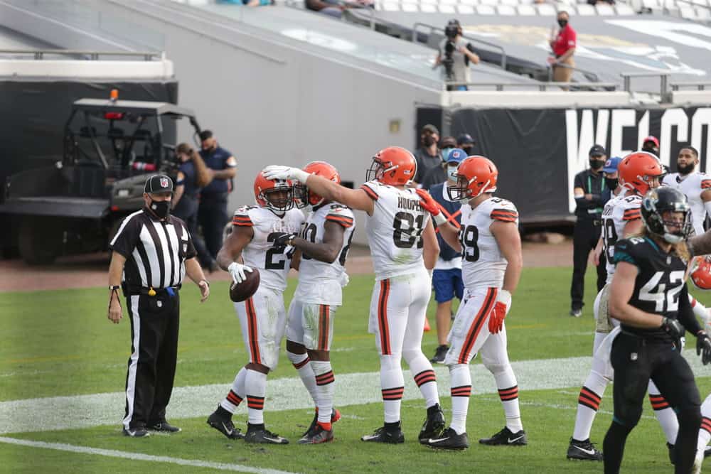 Cleveland Browns Running Back Nick Chubb (24) celebrates a touchdown with teammates during the game between the Cleveland Browns and the Jacksonville Jaguars on November 29, 2020 at TIAA Bank Field in Jacksonville, Fl.